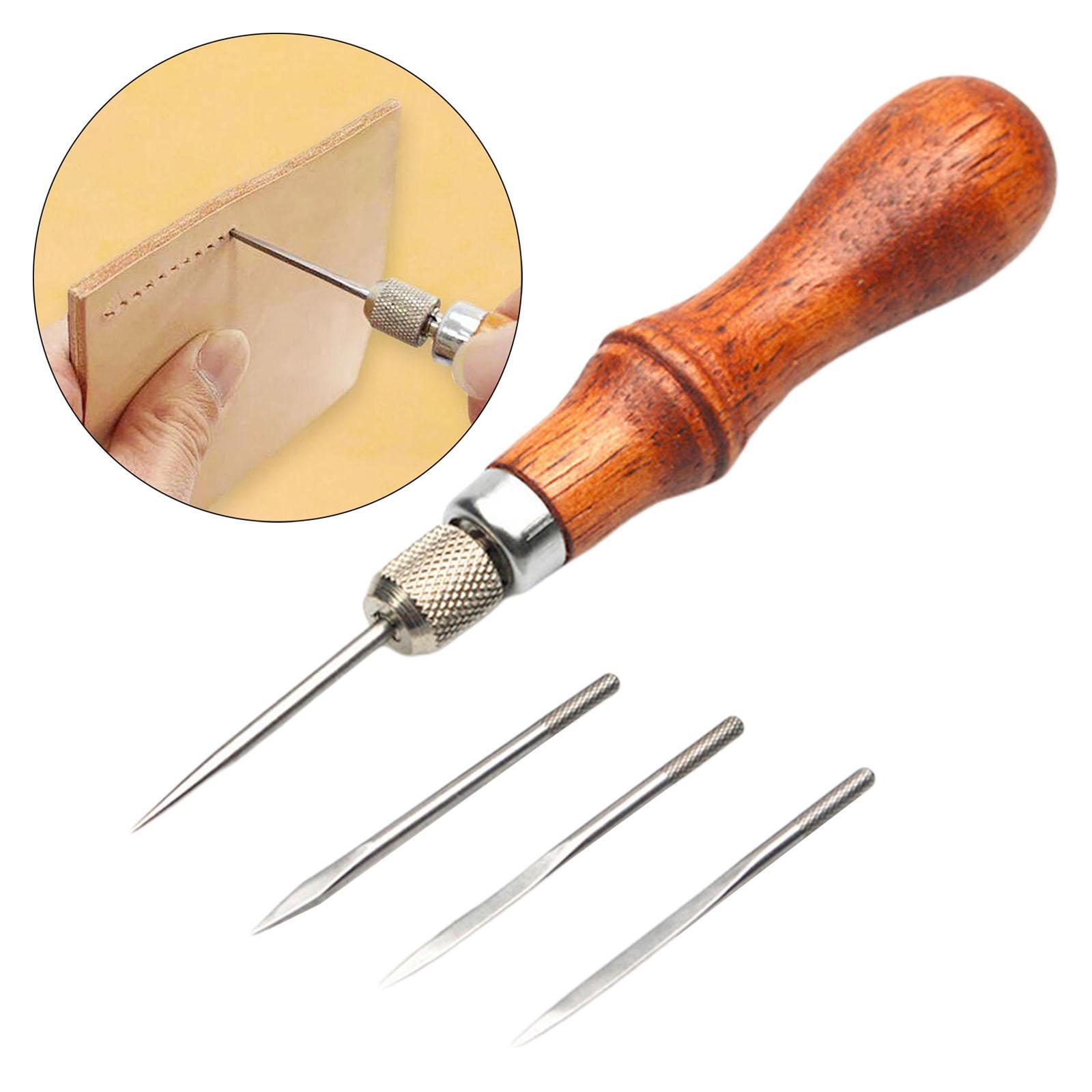 Professional Awl Tool Hand Sewing Repairing Wood Handle Leathercraft DIY