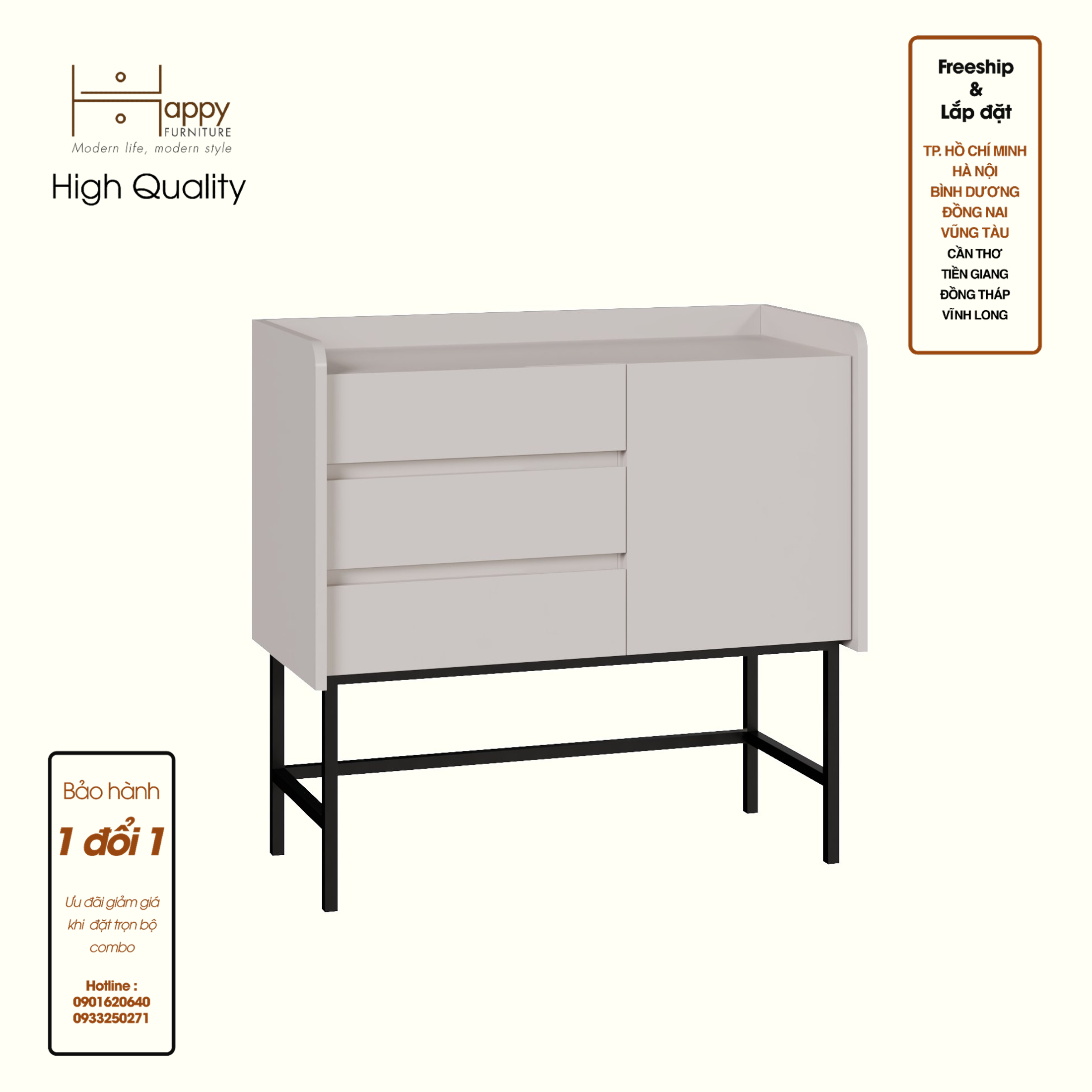 LAVIA, Tủ lưu trữ 3 ngăn kéo - 1 cửa mở - chân sắt, 90cm x 40cm x 86cm , THK_157