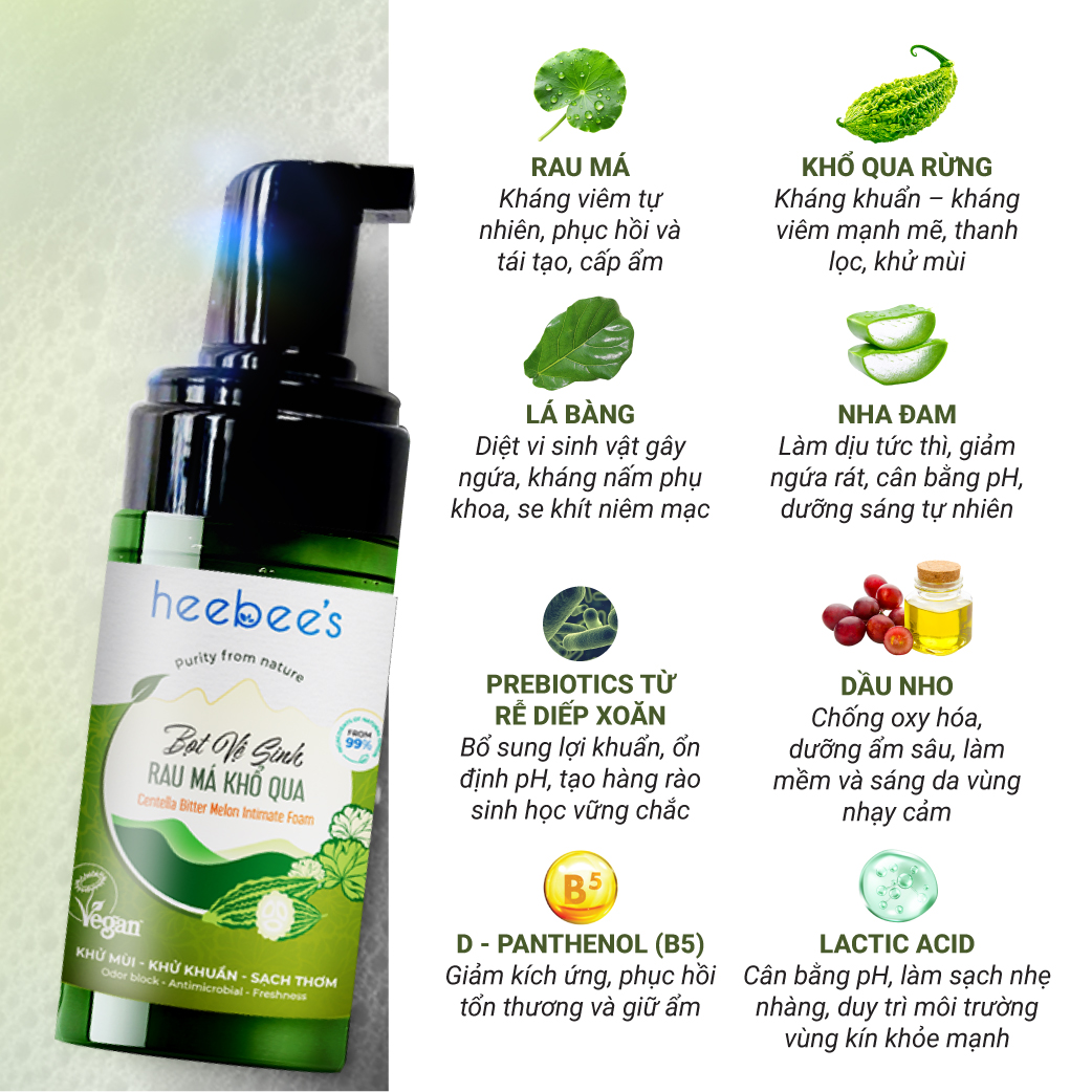 Bọt Vệ Sinh Rau Má Khổ Qua Rừng Thuần Chay Heebee's Làm Sạch Khuẩn, Giảm Viêm, Khử Mùi 100ml