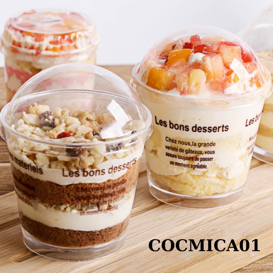 Ly Bánh Tiramisu Mousse SET 10 Cốc Panna Cotta Sữa Chua Bằng Mica Trong Có Nắp in Chữ LES BONS