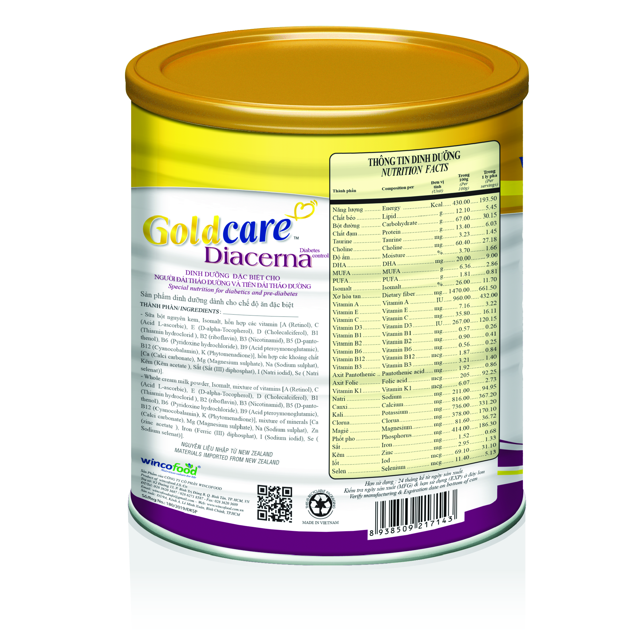 Sữa bột Wincofood Goldcare Diacerna 400g: dinh dưỡng đặc biệt dành cho người đái tháo đường và tiền đái tháo đường giúp ổn định đường huyết.