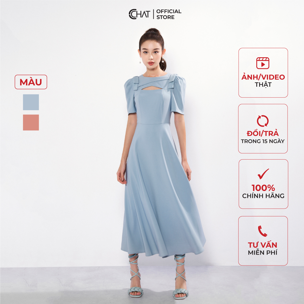Đầm Nữ CCHAT Kiểu Cutout Ngực 2 Nơ Vai Dáng Xòe Chất Mango Cao Cấp 22VNE2010XT