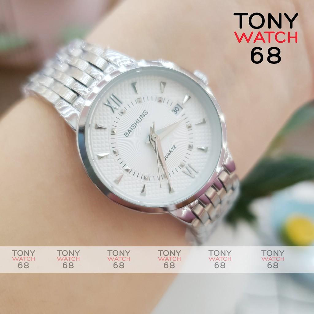 Đồng hồ cặp đôi nam nữ Baishuns mặt tròn trắng dây kim loại bạch kim chính hãng Tony Watch 68