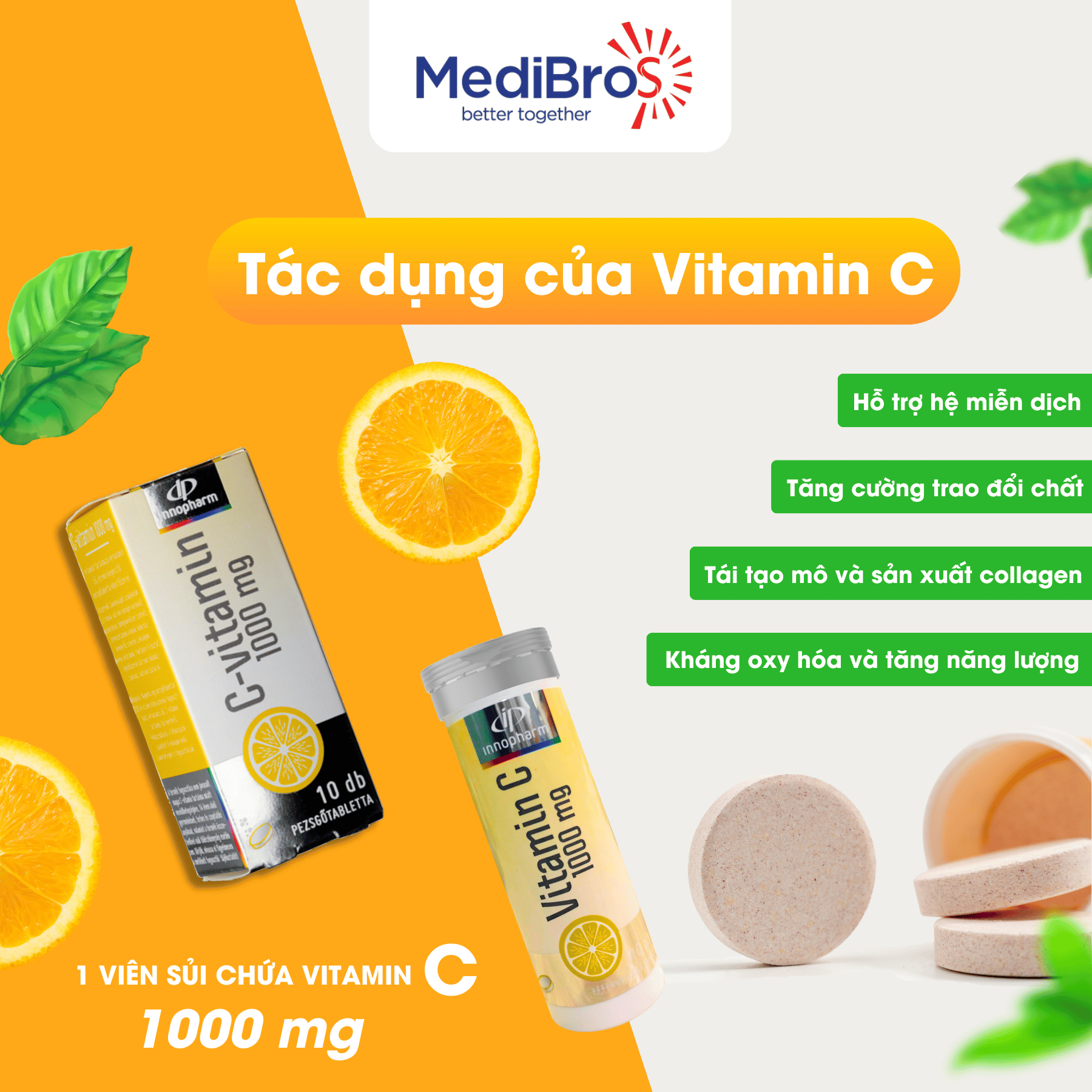 Viên Sủi Bổ Sung Vitamin C Tăng Cường Sức Đề Kháng (tuýp 10 viên) - dùng được cho người tiểu đường