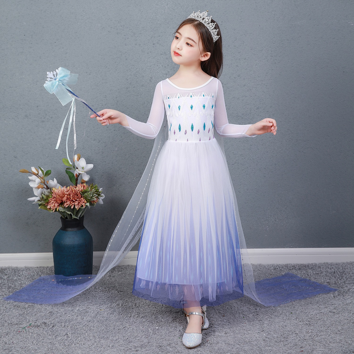 Đầm Elsa Cho Bé Gái Màu Trắng Tay Dài Phim Frozen 2 -K11