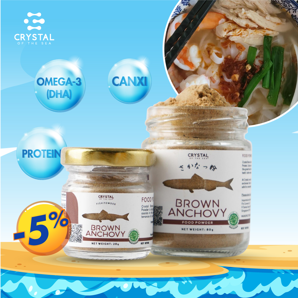 Bột nêm Cá Cơm Nâu - CrystalSea, Chứng nhận SFA, giàu chất dinh dưỡng như Canxi, Chất đạm tốt cho sự phát triển của não và xương, phù hợp cho trẻ từ 6 tháng tuổi, phụ nữ mang thai và người già