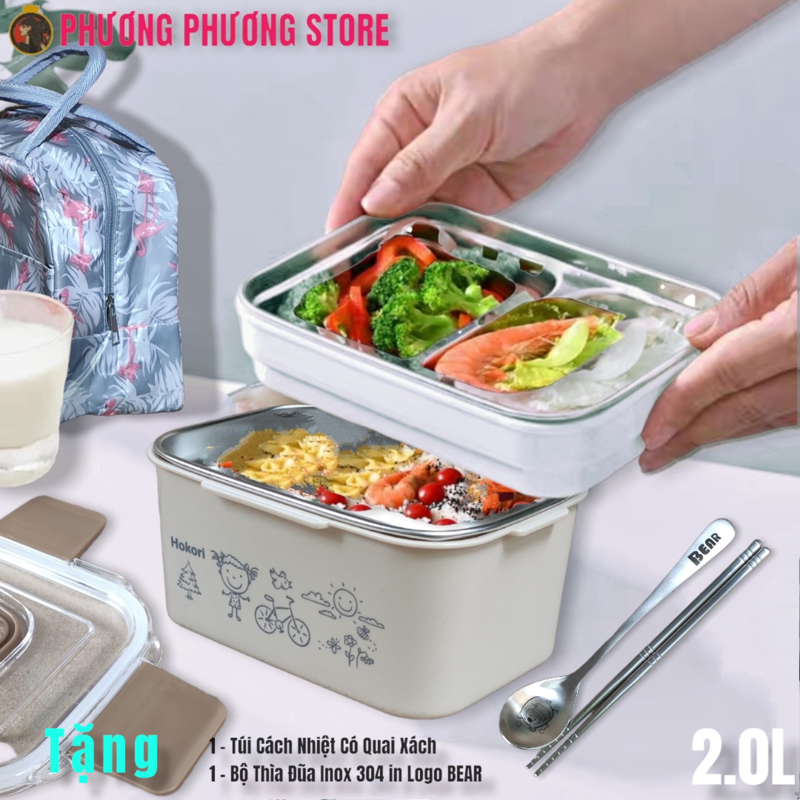 Cặp lồng inox 2.0L / ca men 2 tầng 4 khay cao cấp xem kỹ mô tả