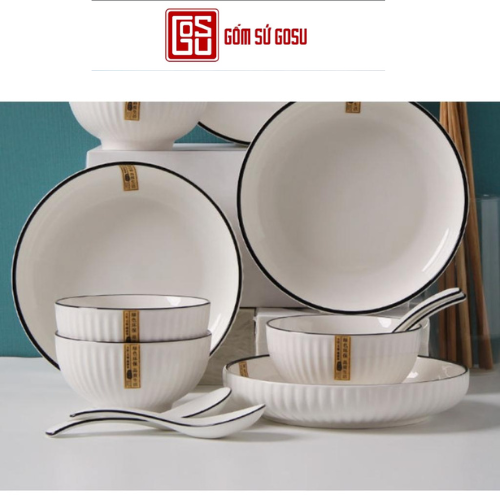 BỘ BÁT ĐĨA GỐM SỨ CAO CẤP TRẮNG VIỀN ĐEN SANG TRỌNG