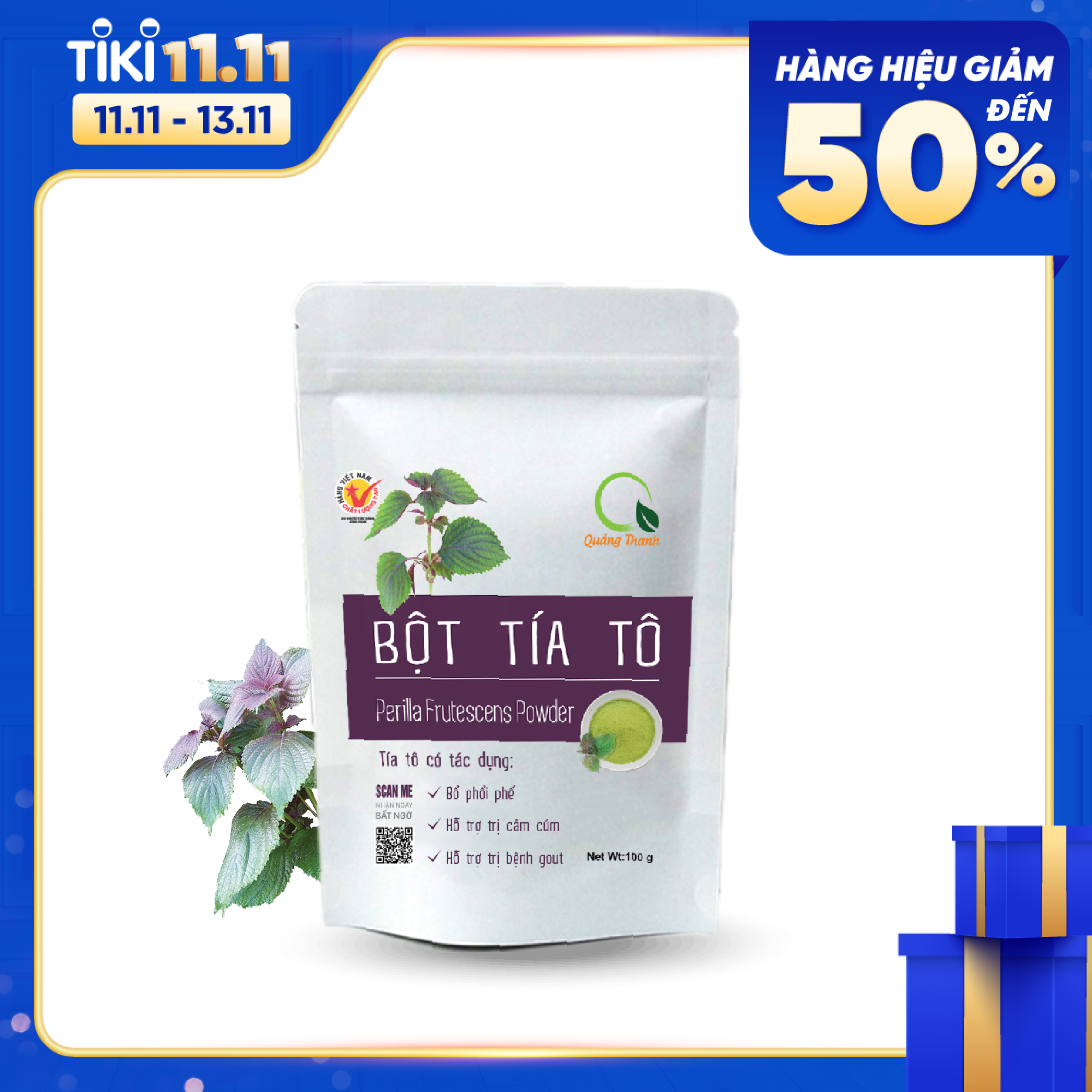 [CHÍNH HÃNG] Bột Tía Tô Quảng Thanh 100% Nguyên Chất Sấy Lạnh - Bổ phổi phế, đẹp da, hỗ trợ bệnh Gout - Gói 100 gr