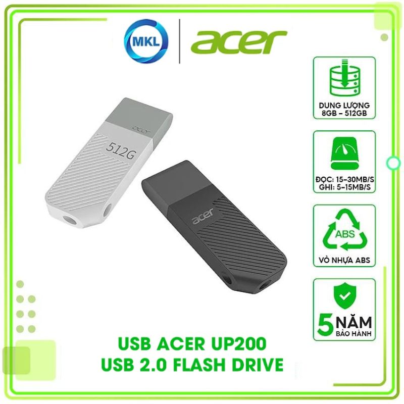 USB Acer UP300 tốc độ đọc/ghi lên đến 120 MB/s - Hàng chính hãng bảo hành 5 năm - Thiết bị lưu trữ dung lượng 8GB - 1TB