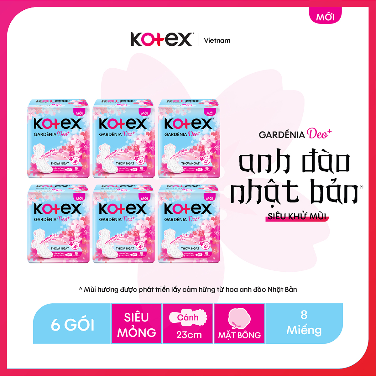 Combo 6 gói Băng Vệ Sinh KOTEX GARDENIA DEO+ HƯƠNG HOA ANH ĐÀO, MẶT BÔNG, SIÊU MỎNG CÁNH, 8 MIẾNG