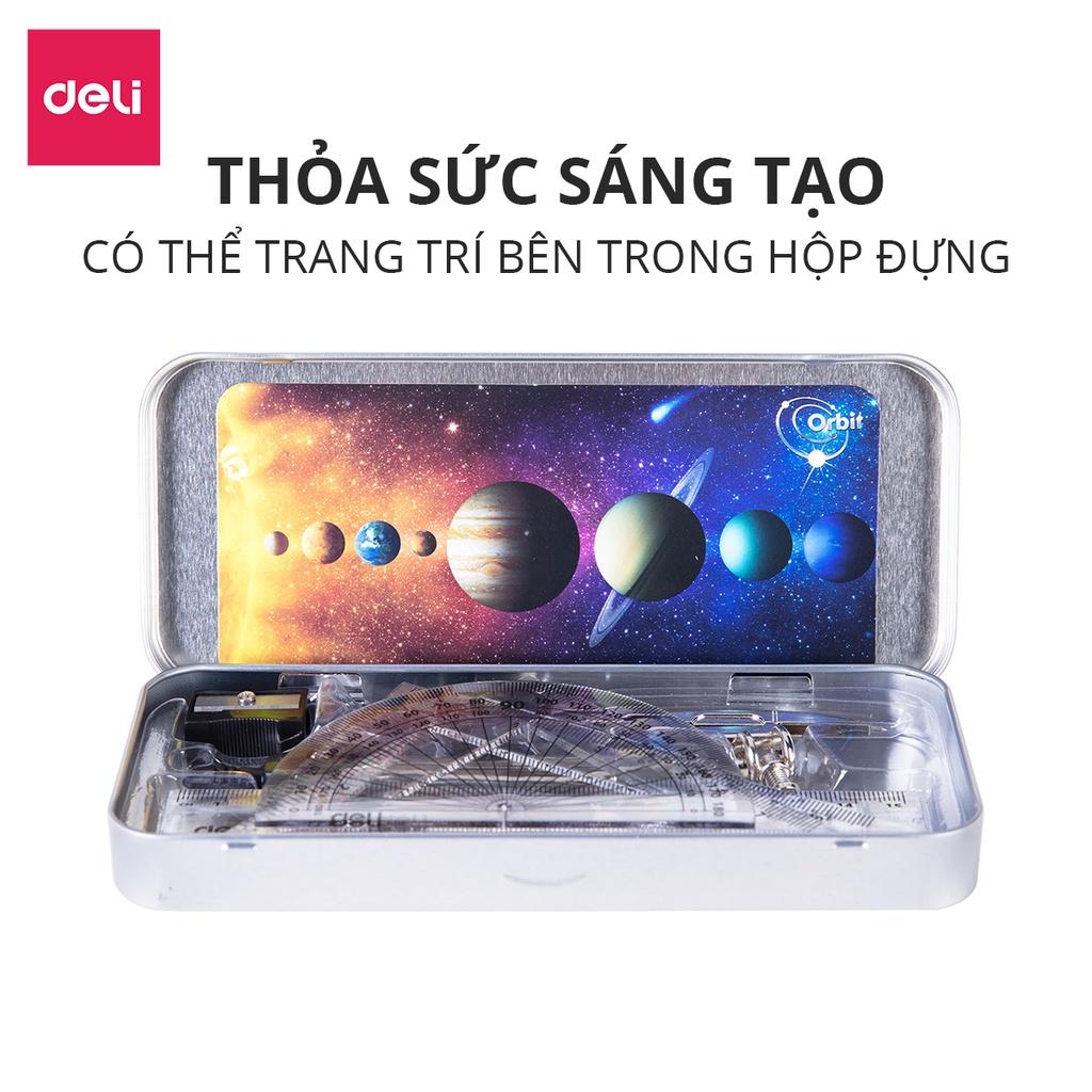 Bộ 9 dụng cụ đo lường Học sinh Deli - Compa, Eke, Thước kẻ, Bút chì, Thước đo góc, Gọt chì, Tẩy - Kèm Hộp Sắt Tiện Dụng