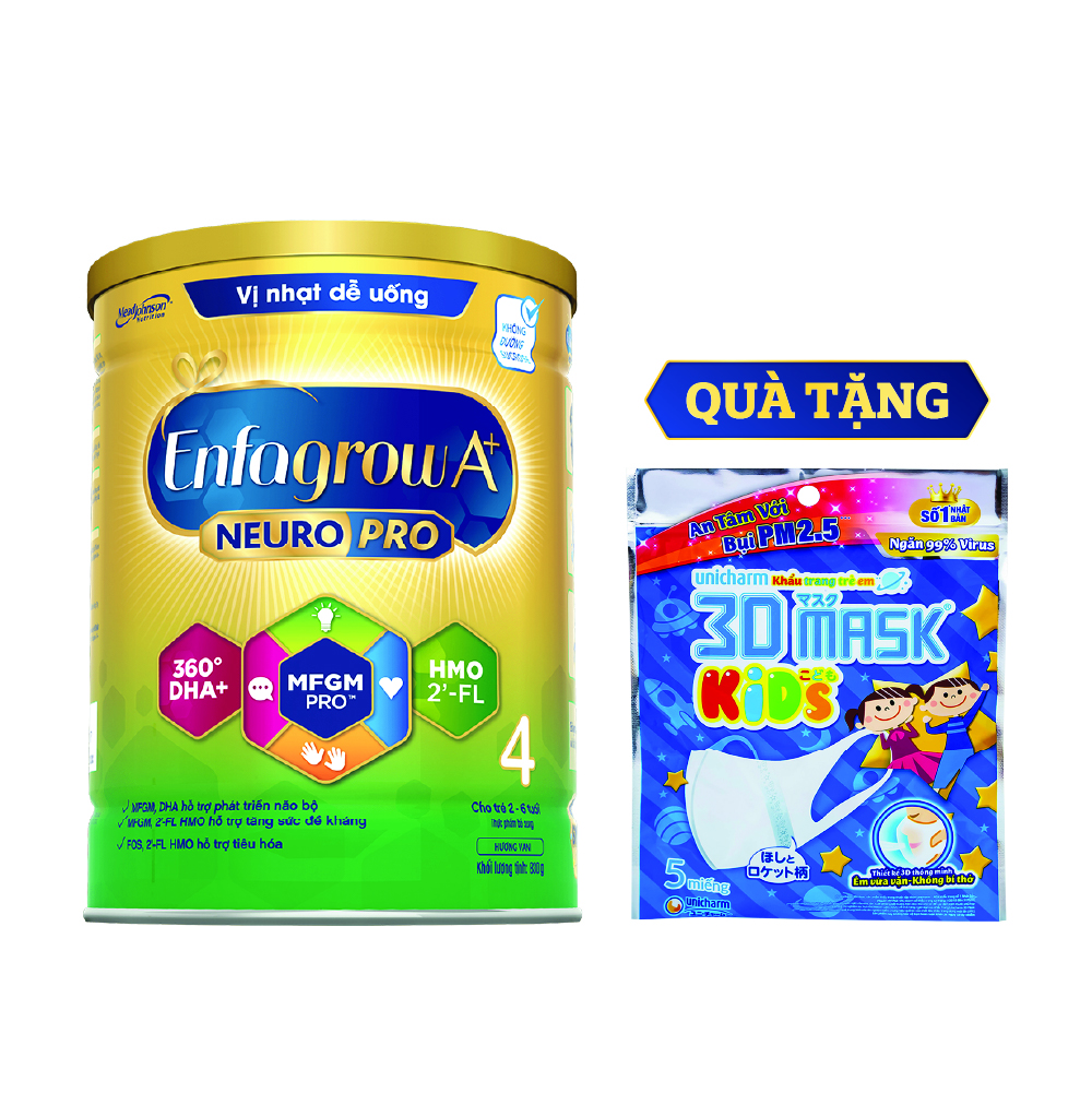 Sữa bột Enfagrow A+ NeuroPro 4 với 2’-FL HMO cho trẻ từ 2 – 6 tuổi – 830g tặng Khẩu Trang Trẻ Em Unicharm 3D Mask Kid