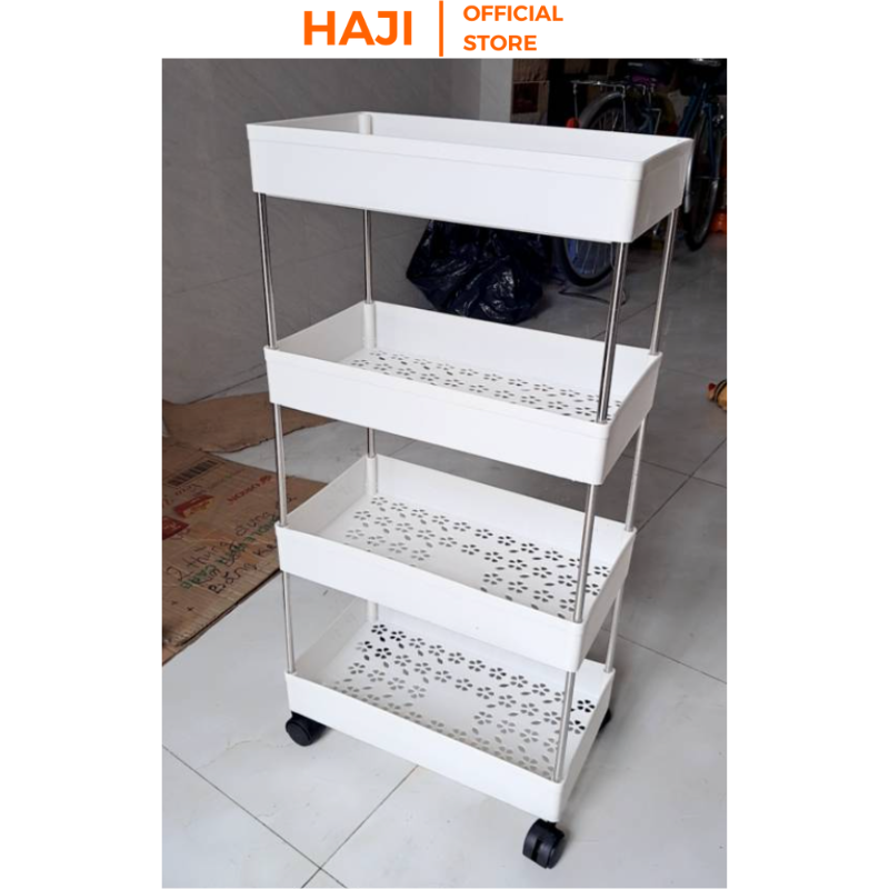 Kệ đựng đồ 4 tầng đa năng có bánh xe di chuyển dùng sắp xếp đồ vật gọn gàng HAJI NA17
