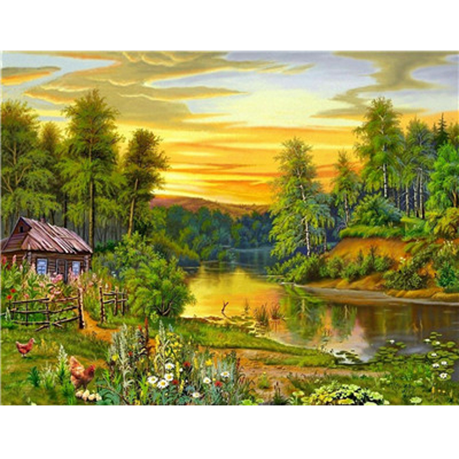 Tranh sơn dầu số hóa tự tô đã căn khung 40x50cm- E993 Làng nam bộ