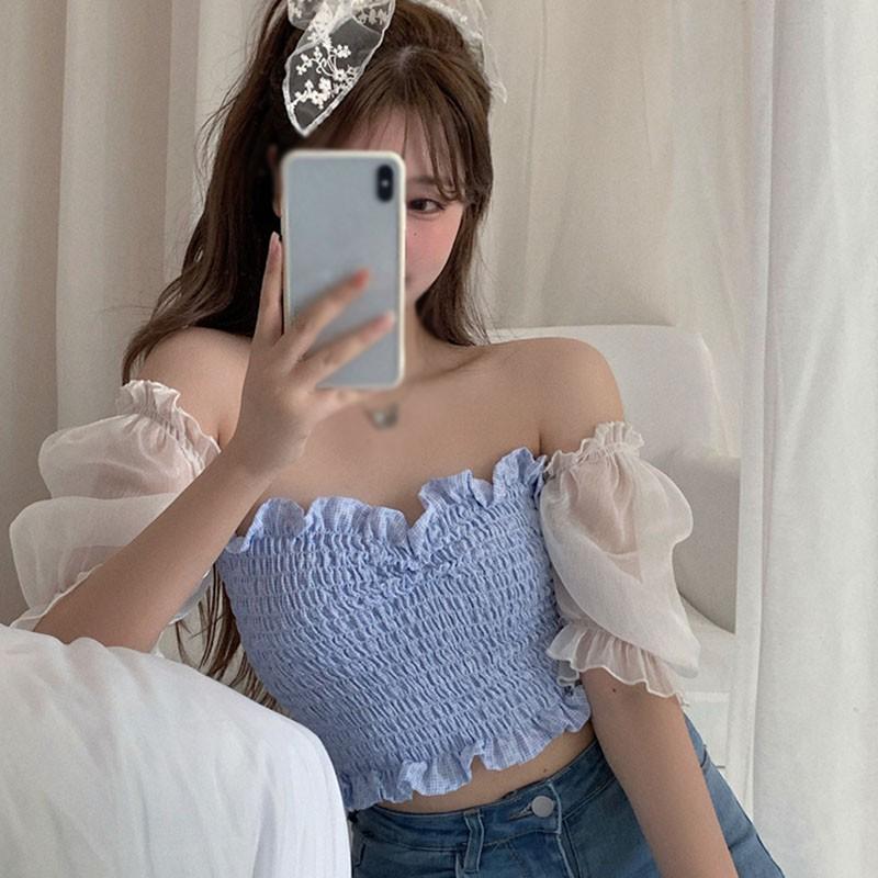 Áo Kiểu Vải Voan Tay Ngắn Cổ Vuông Thiết Kế Quyến Rũ Cho Nữ