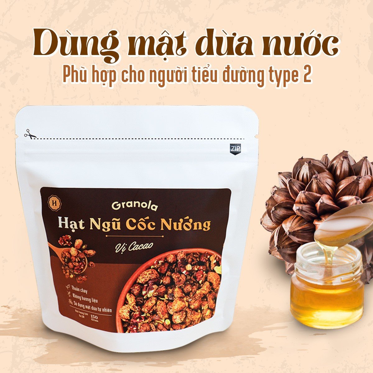 Granola nướng giòn tan - Vị Cacao túi 400g - Dùng mật dừa nước, 0 trái cây sấy, GI thấp - Hạt ngũ cốc giảm cân - HeydayCacao