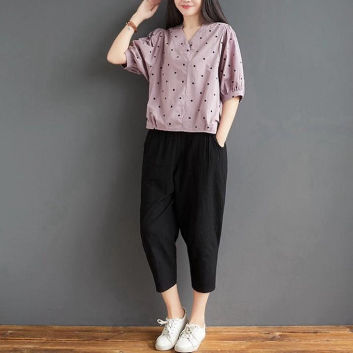 Set bộ chấm bi quần lửng mặc hè cho chị em đã về size 45-85kg