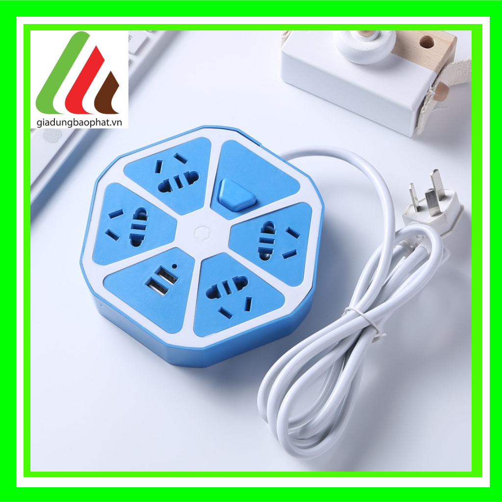 Ổ cắm điện lục giác 4 lỗ phích cắm 2 chấu 3 chấu và 2 cổng USB đa năng trang trí đèn led