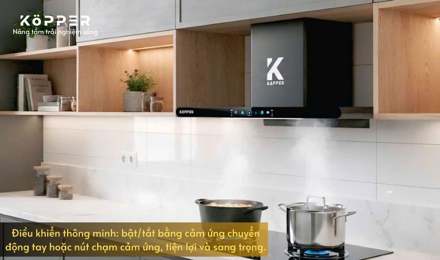 Kopper Hút Mùi Thông Minh Model KP-T22 Hút Khỏe Có Sấy Dầu Tự Động Quạt Li Tâm Cánh Thép Động Cơ Đồng Màn Hình Cảm Ứng Tiếng Ồn < 50 dB KP-T22 Hàng Chính Hãng
