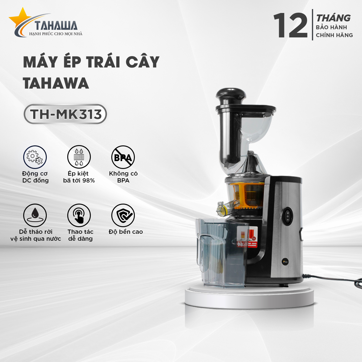 Máy ép chậm Tahawa TH-MK313 thiết kế sáng đẹp với gam màu bạc sang trọng, kết cấu vững chắc đặt gọn trên kệ bếp, bàn ăn
