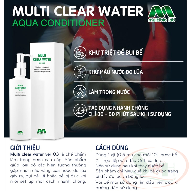 Làm trong nước Multi Clear Water khử đục màu lũa lọc bụi li ti bể cá tép thủy sinh