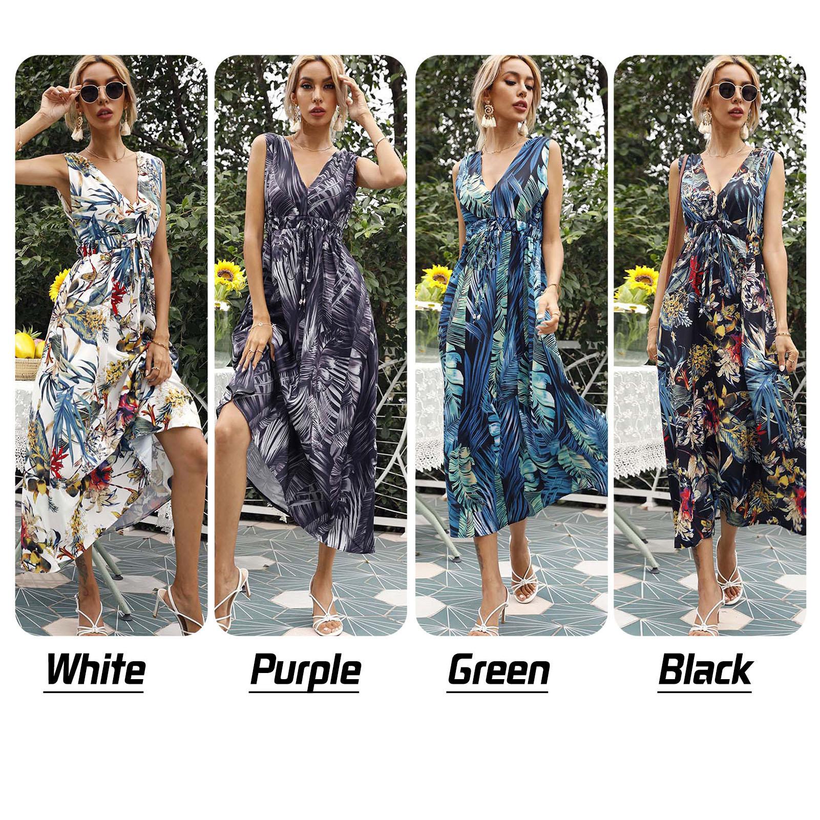 Women Dress Backless Floral Print Tie Waist Empire Dress V Neck Sleeveless Summer Long Maxi Dress
