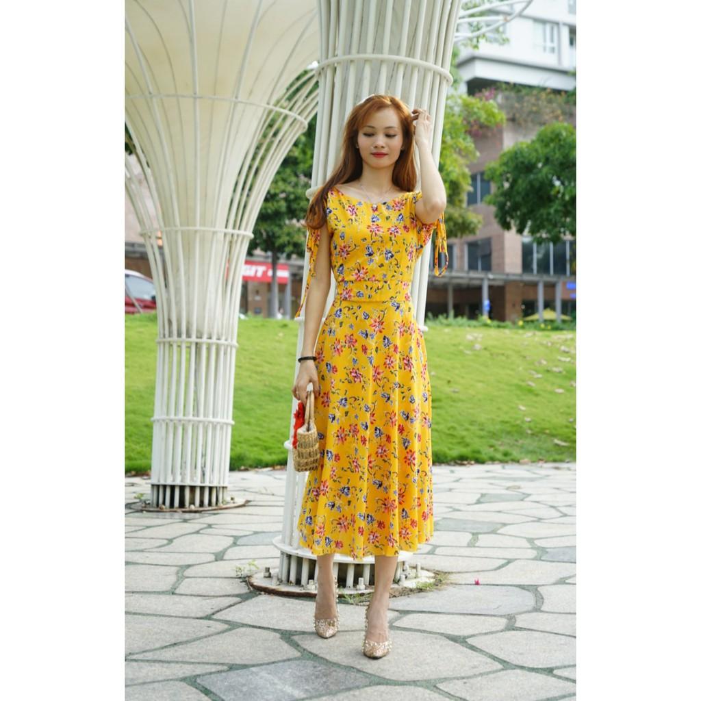 Đầm maxi form lửng hoa vàng rút vai cực xinh