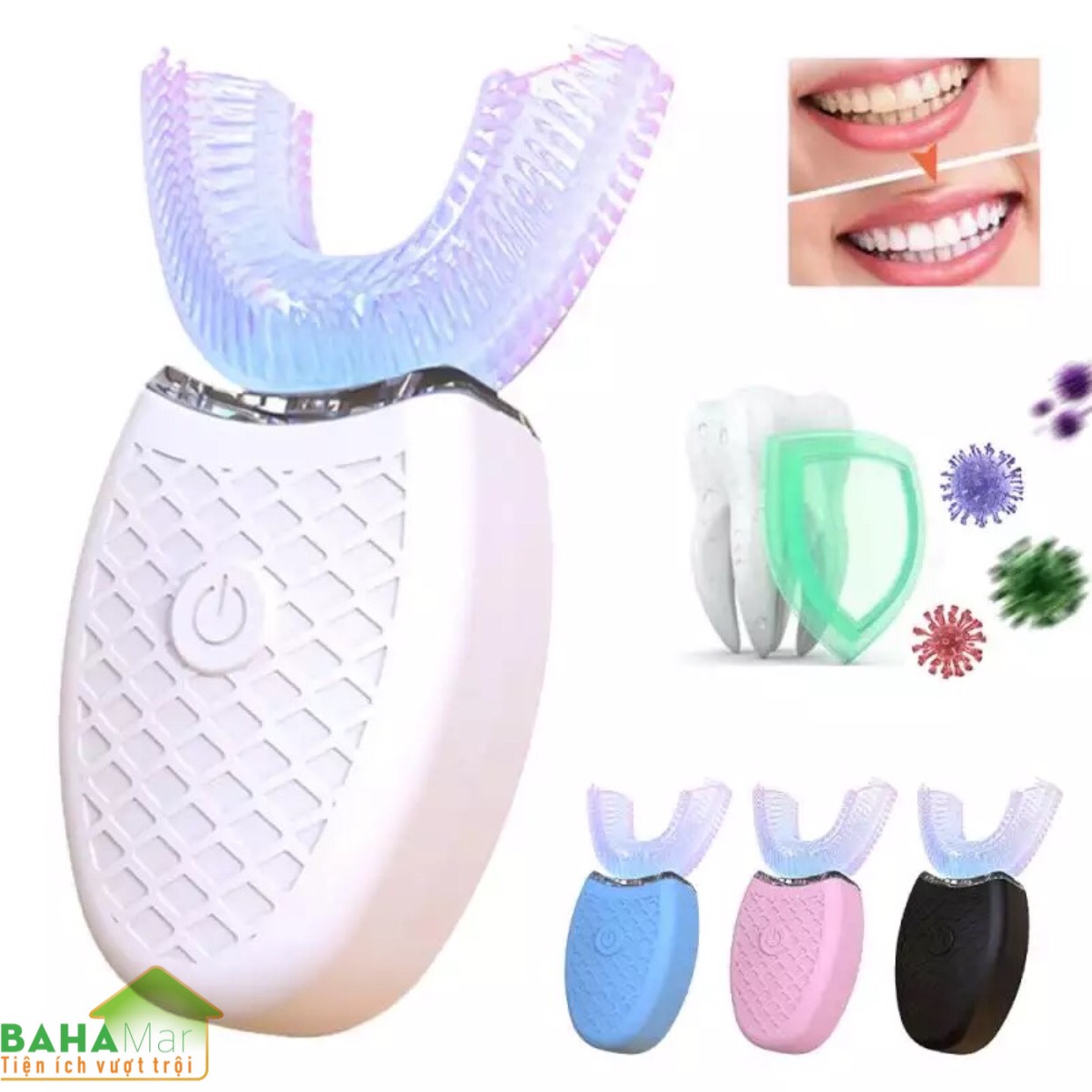 BÀN CHẢI ĐÁNH RĂNG ĐIỆN TỰ ĐỘNG CHỮ U 360 ĐỘ CÓ ÁNH SÁNG XANH KHỬ TRÙNG BAHAMAR làm cho việc đánh răng trở nên dễ dàng và sạch sẽ toàn bộ mặt trước
