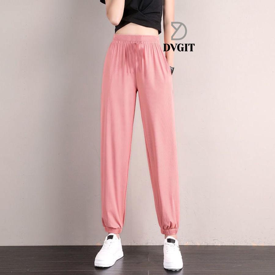 Quần Nữ Dài Bo Gấu DVGIT Chất Liệu Thun Tăm Lạnh Mềm Mịn Màu Hồng Thiết Kế Form Dáng Quần Cạp Cao