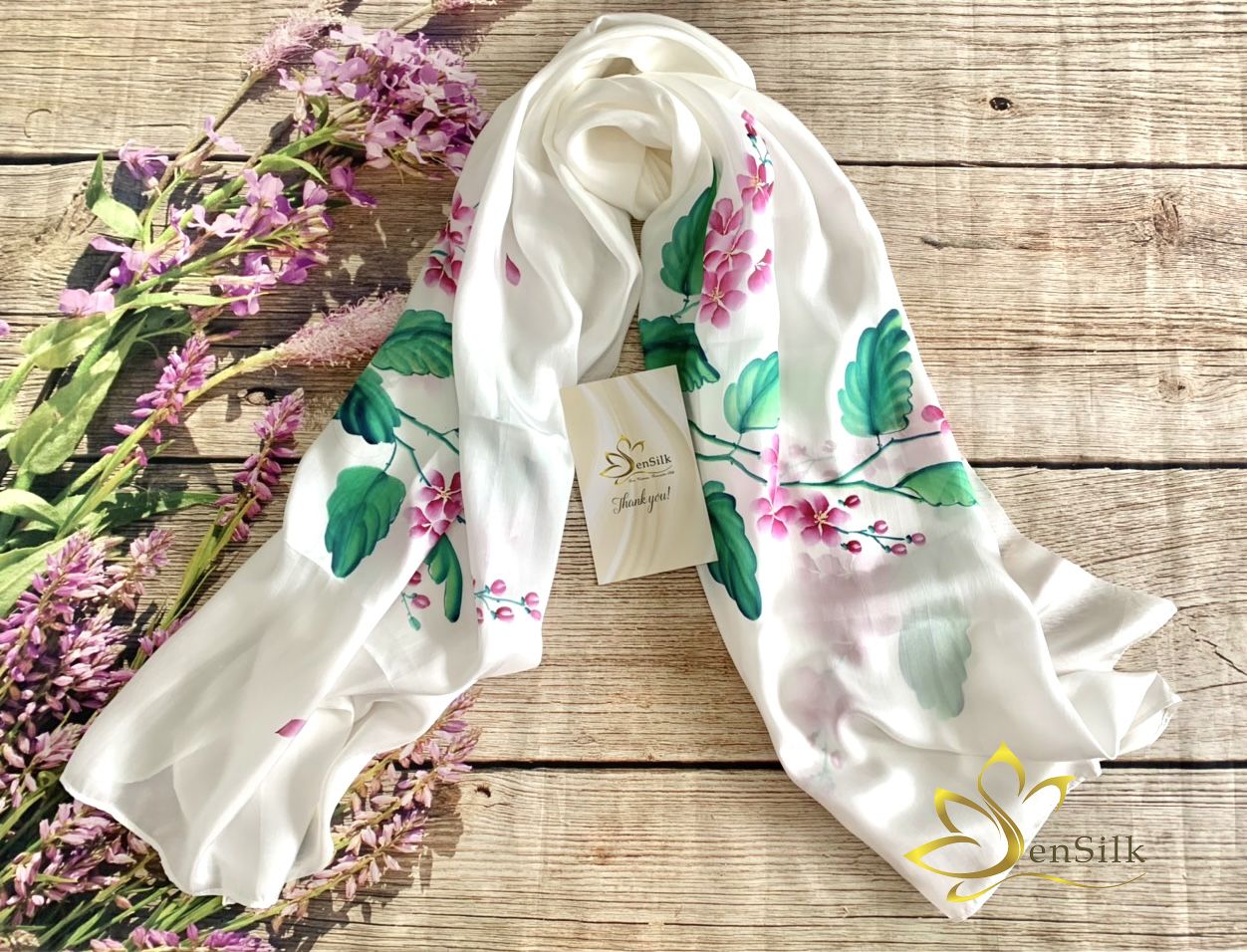 Khăn Lụa Vẽ Tay Hoa Bằng Lăng Tím SenSilk - Quà Kỷ Yếu 4.0 - Silk Scarf Hand Painted 160x55cm - Gift for Her Mother Event Business