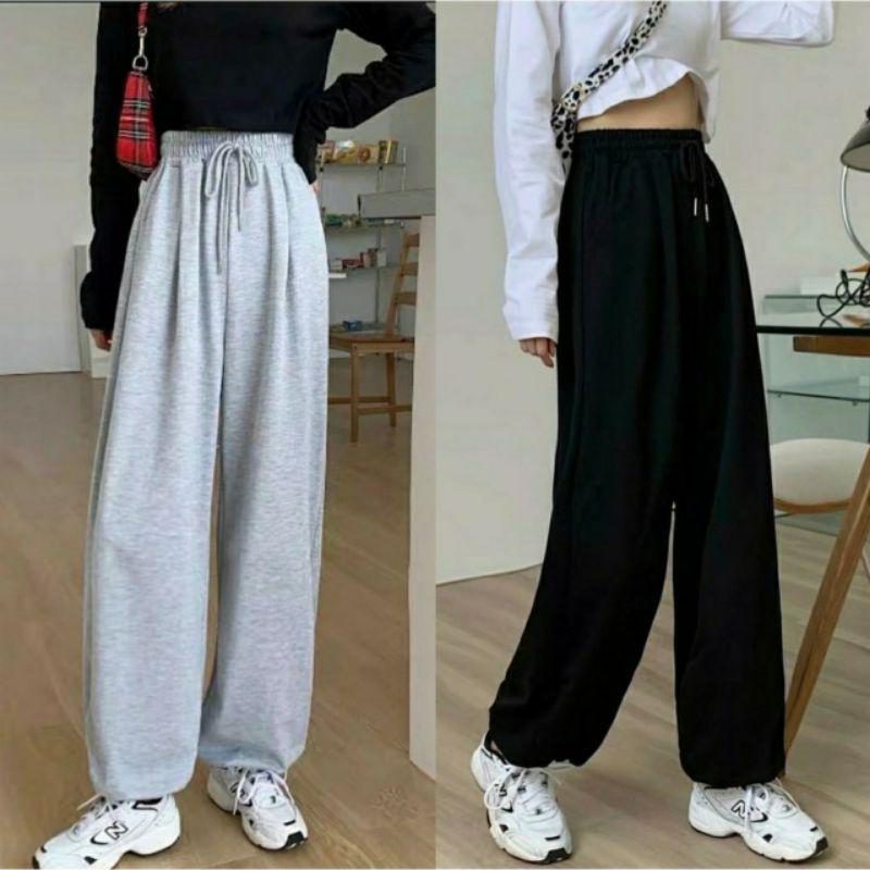 Quần ống rộng dáng jogger nữ trơn bo gấu chất da cá