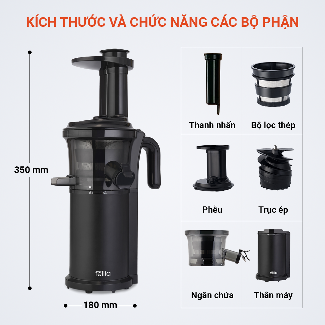 [BẢO HÀNH 12 THÀNG] Máy ép trái cây rau củ quả chậm Fellia S264 gọn nhẹ, lắp rắp 3s, vệ sinh 5s- Chính hãng