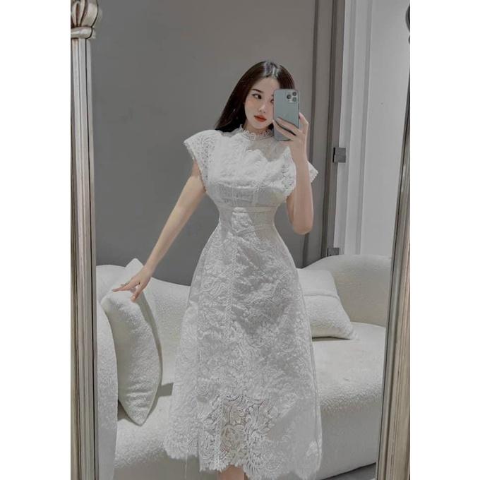 Đầm midi trắng ren hoa tay cánh tiên ôm body dáng suông dự tiệc