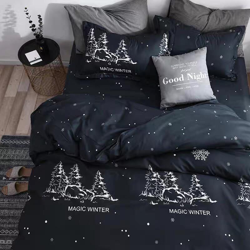 Bọ chăn ga gối Cotton poly M2T bedding, vỏ chăn mền, drap ga giường và 2 vỏ gối - Pl Cây thông đen