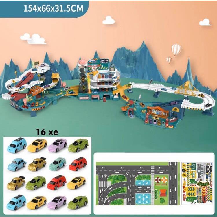 Bộ đồ chơi đường đua khủng long siêu tốc kết hợp garage đỗ xe ô tô 5 tầng kích thước lớn cho bé