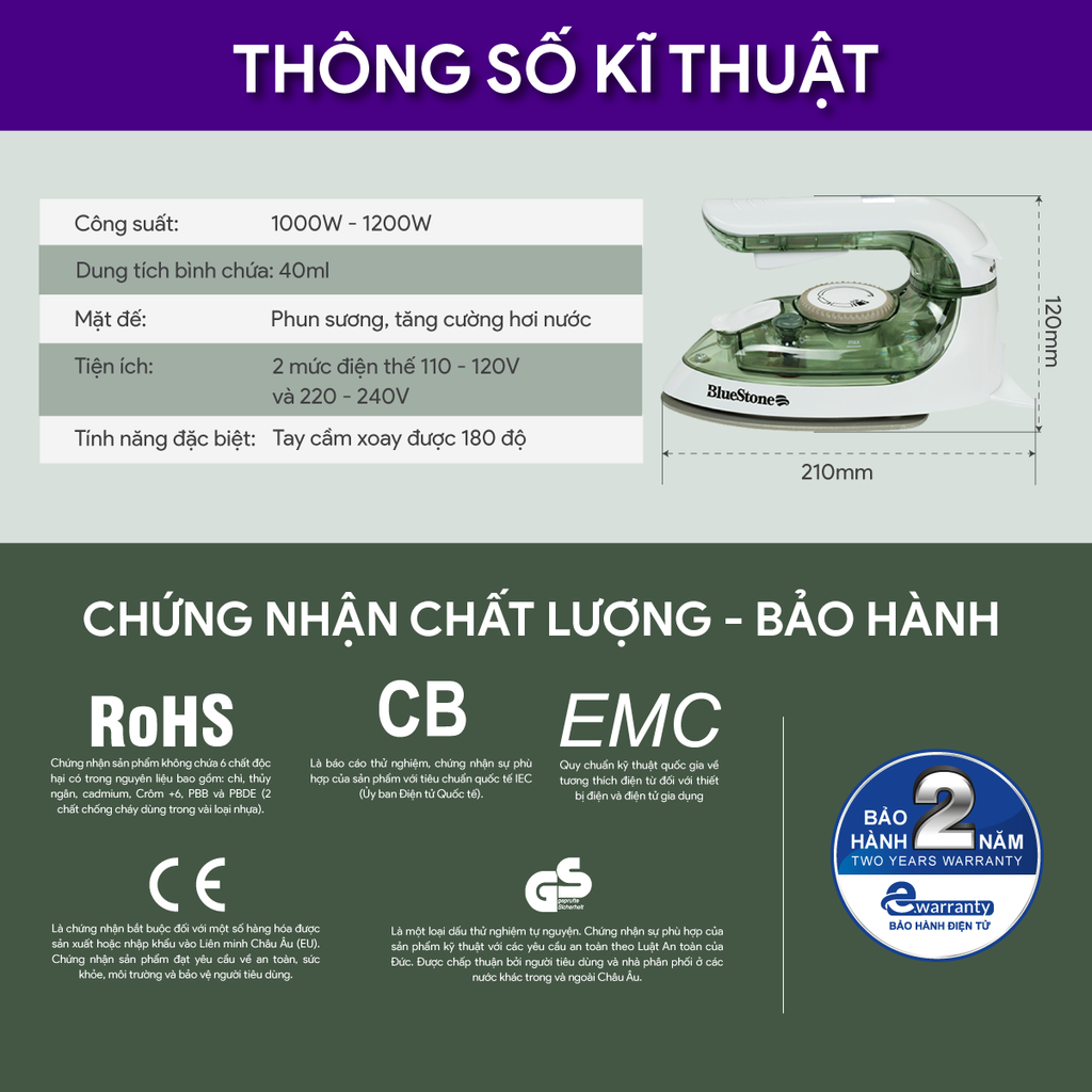 Bàn ủi hơi nước mini BlueStone SIB-3819 (1200W) - thiết kế nhỏ gọn, dễ dàng mang theo và cất giữ - Hàng chính hãng