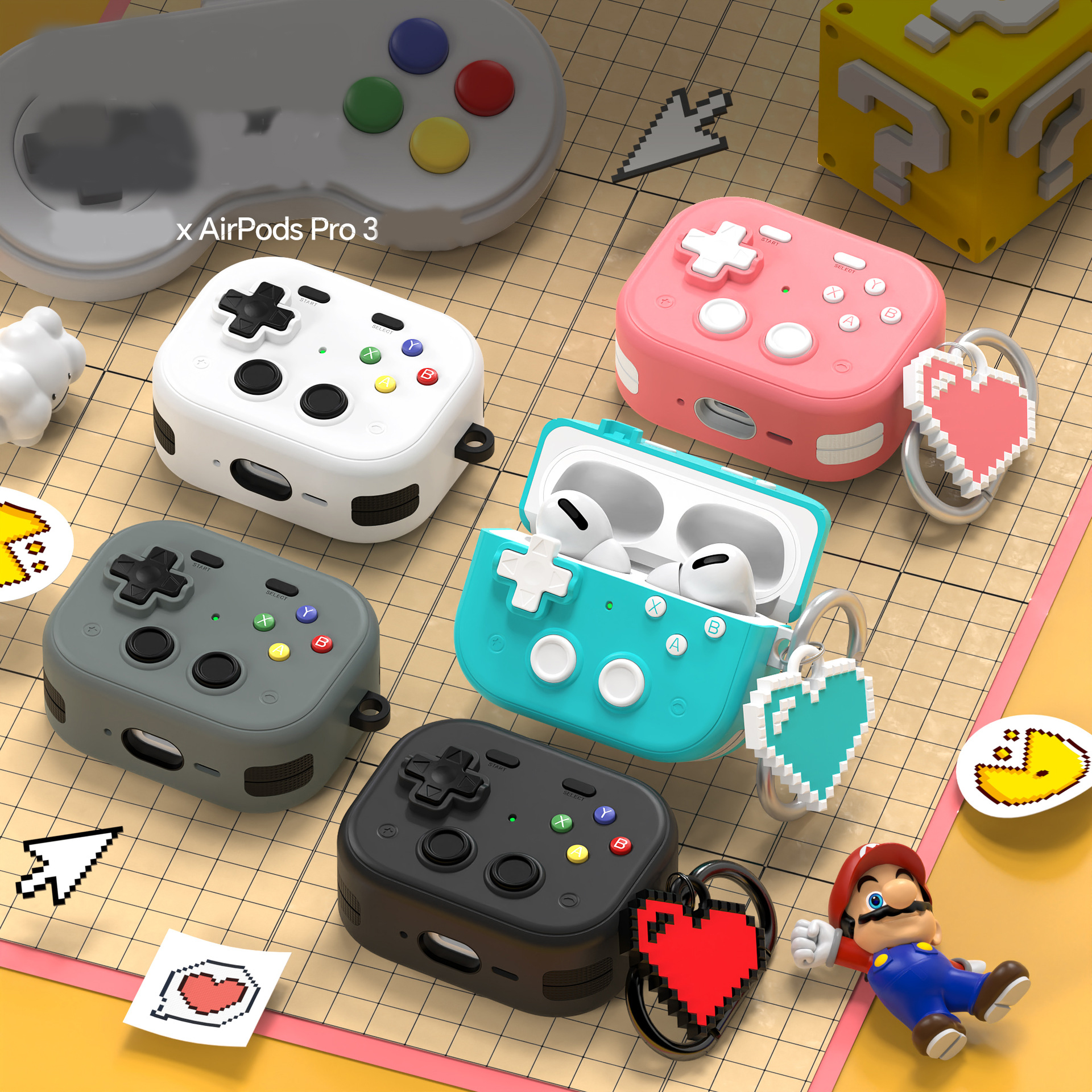 Bao Case cho Airpods Pro 3 Kiểu Máy Chơi Game Pixel Nút Nhấn 3D Có Khóa Chống Thất Lạc Rơi Tai Nghe - Hàng Chính Hãng
