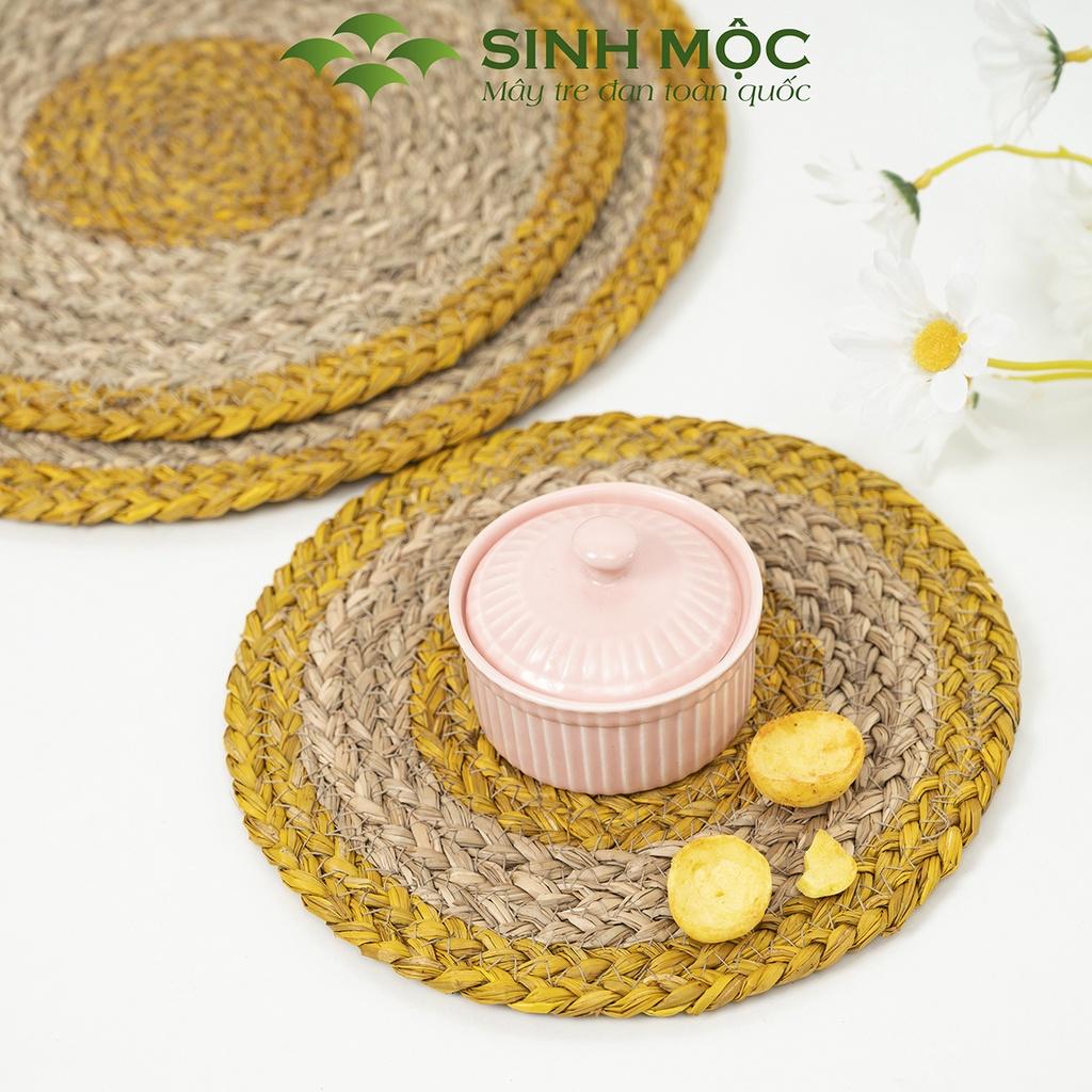 Tấm lót cói tự nhiên pha vàng, lót bàn ăn, lót ly, lót cốc, Decor chụp ảnh, tấm lót Sinh Mộc - M2002