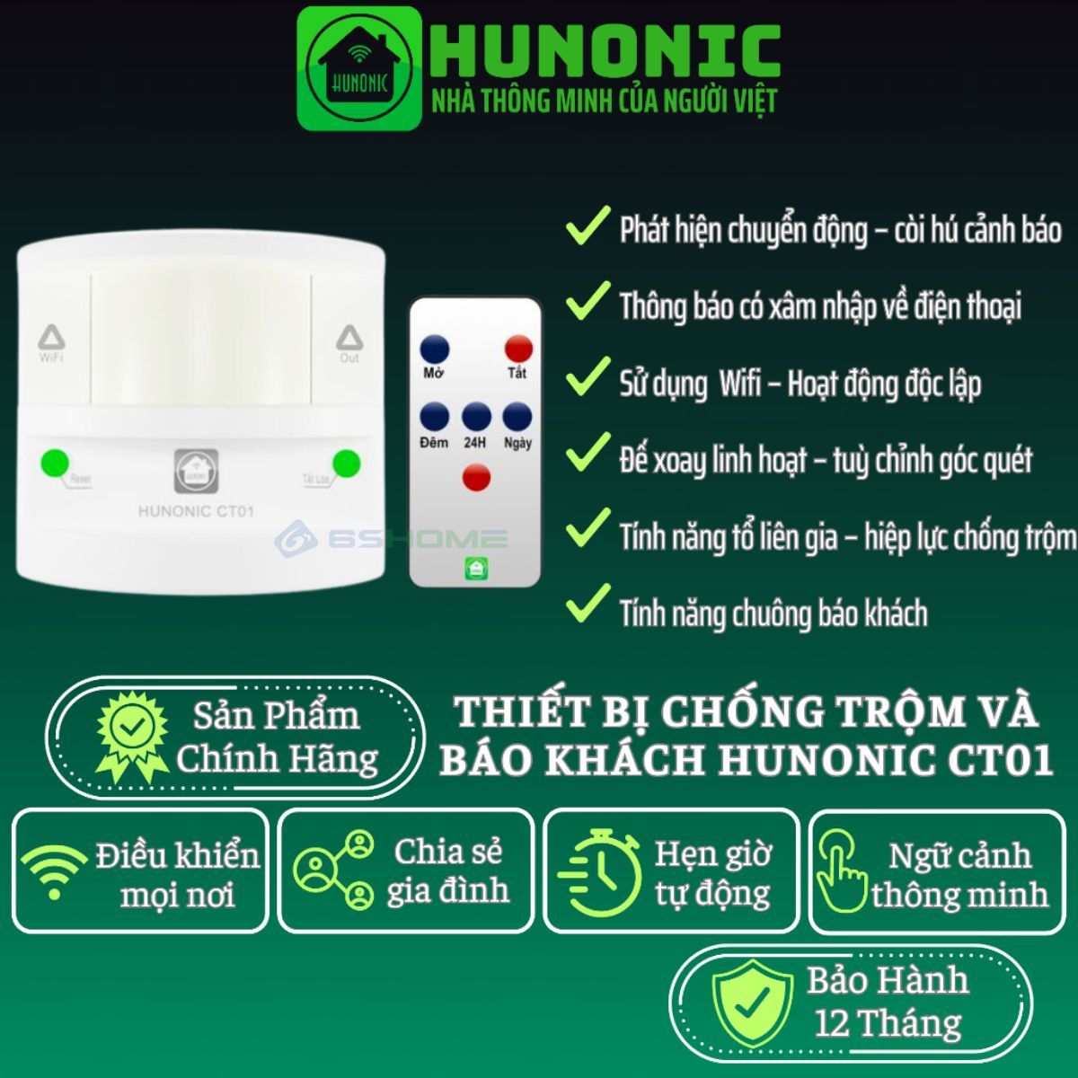 Thiết Bị Chống Trộm, Báo Khách WiFi Hunonic CT01, App Tiếng Việt, Phát Hiện Chuyển Động, Còi Hú Cảnh Báo Qua Điện Thoại