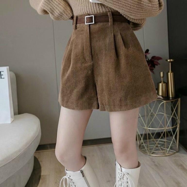 Quần short nhung kèm thắt lưng ulzzang nữ tính, mầu đen, trắng, be, nâu tây, cocoland