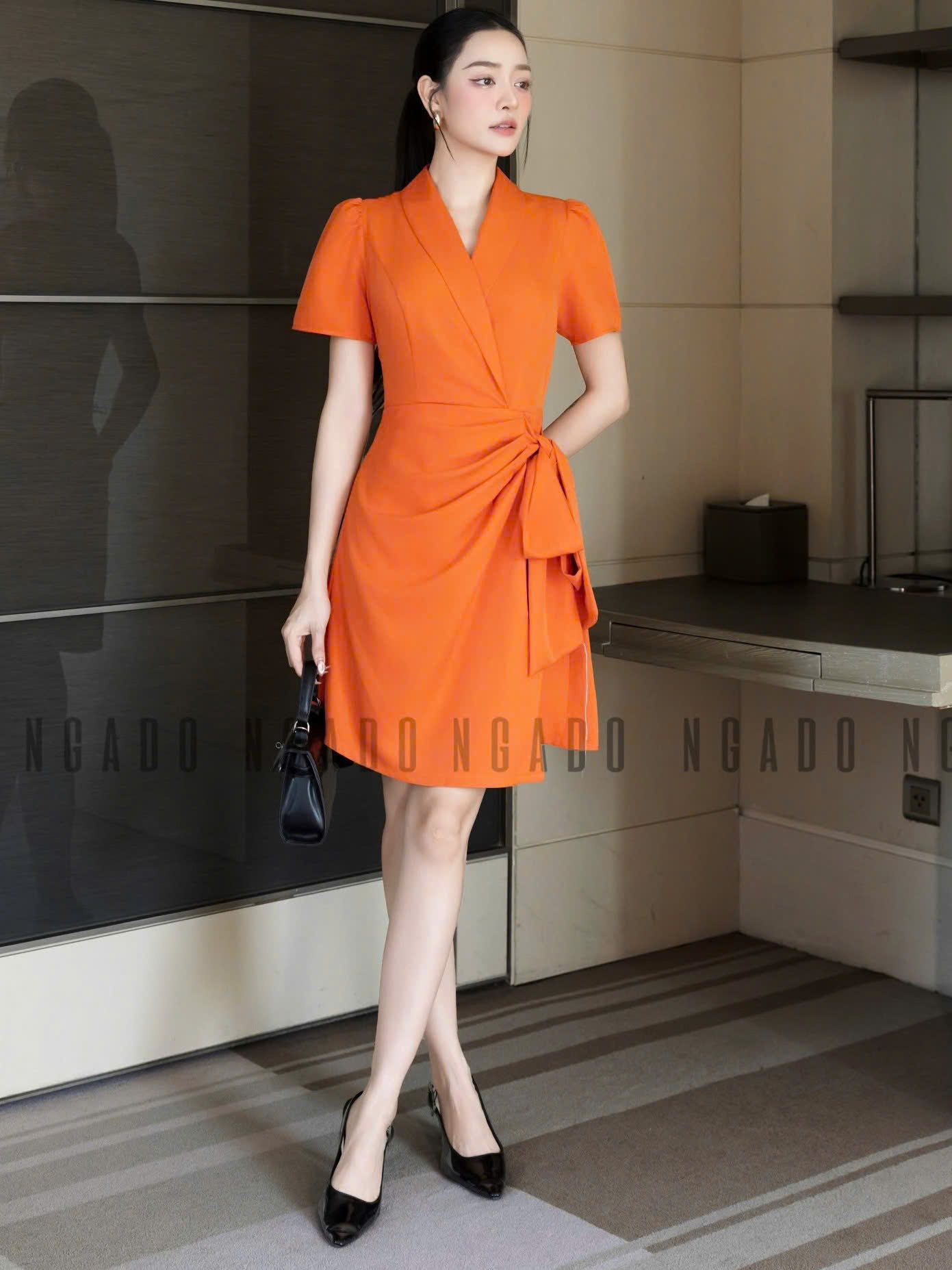 Đầm cam vạt xếp NGADO , đầm ngắn , đầm thiết kế Nữ