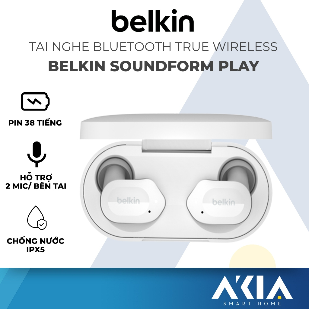 Tai nghe không dây Belkin Soundform Play, kết nối bluetooth, chống nước IPX5, pin 38 tiếng, hỗ trợ 2 mic, Hàng chính hãng