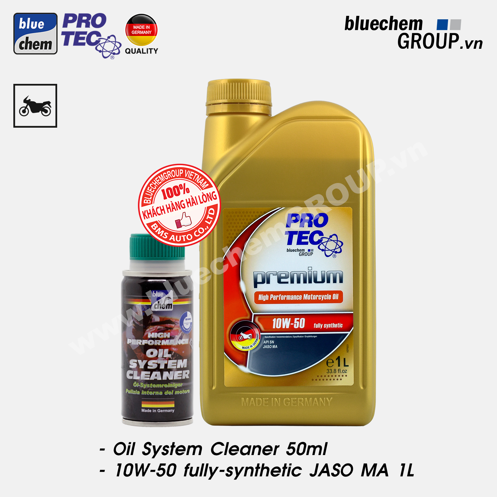 Cặp sản phẩm bluechem Làm sạch hệ thống bôi trơn và dầu nhớt Hiệu năng cao PRO-TEC 10W-50 dành cho mô tô xe máy