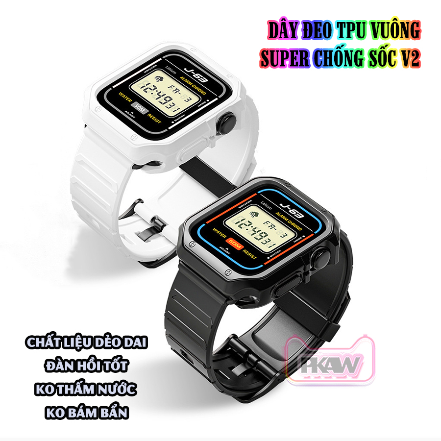 Dây Đeo khung ốp rời dành cho Apple Watch 7/6/5/4/3/2/1 size 38/40/41/42/44/45mm TPU vuông SUPER chống sốc V2 - nhiều màu (tặng cường lực dẻo theo size)