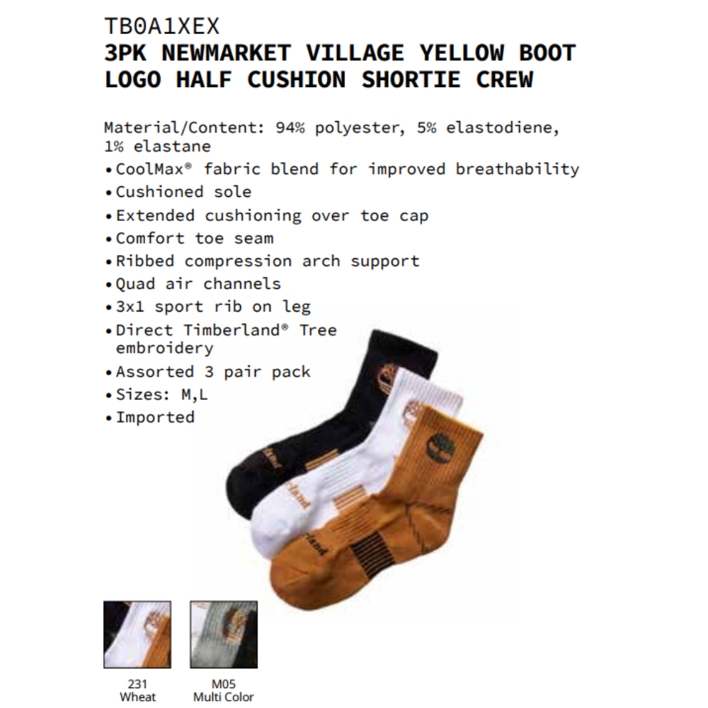 [Original] Timberland Combo 3 Đôi Vớ Nam - 3 Pair Pack Yellow Boot Logo Half Cushion Shortie Crew TB0A1XEX