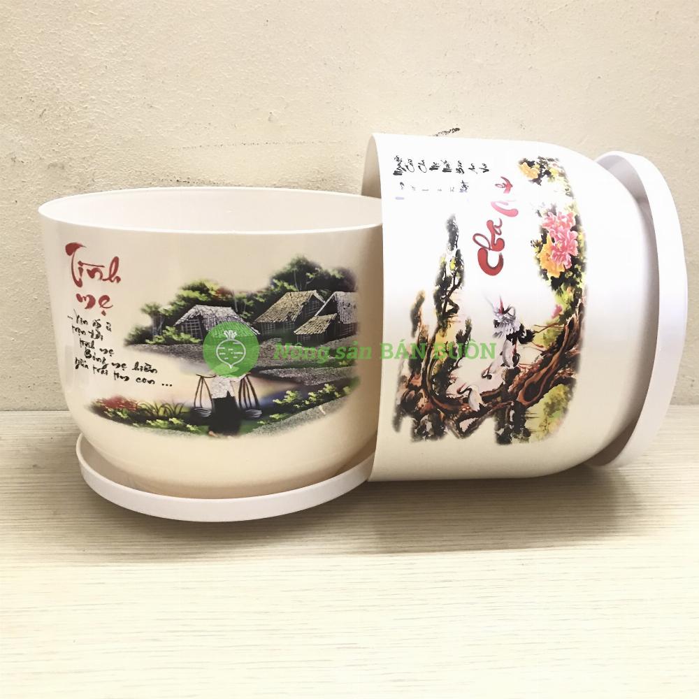 5 Chậu Trồng Hoa, Cây Cảnh Tròn Sứ 170x130 Có Kèm Đĩa Lót - Nhựa Đức Minh