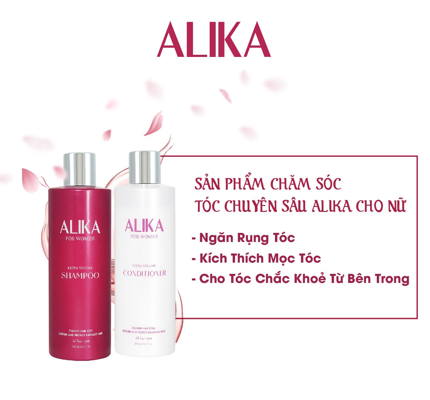 Combo Gội Xả Nữ Alika , Giảm Rụng,Kiểm Soát Dầu,Tóc Chắc Khoẻ,Dưỡng Mọc Tóc Mềm Mượt , Chai 300ml