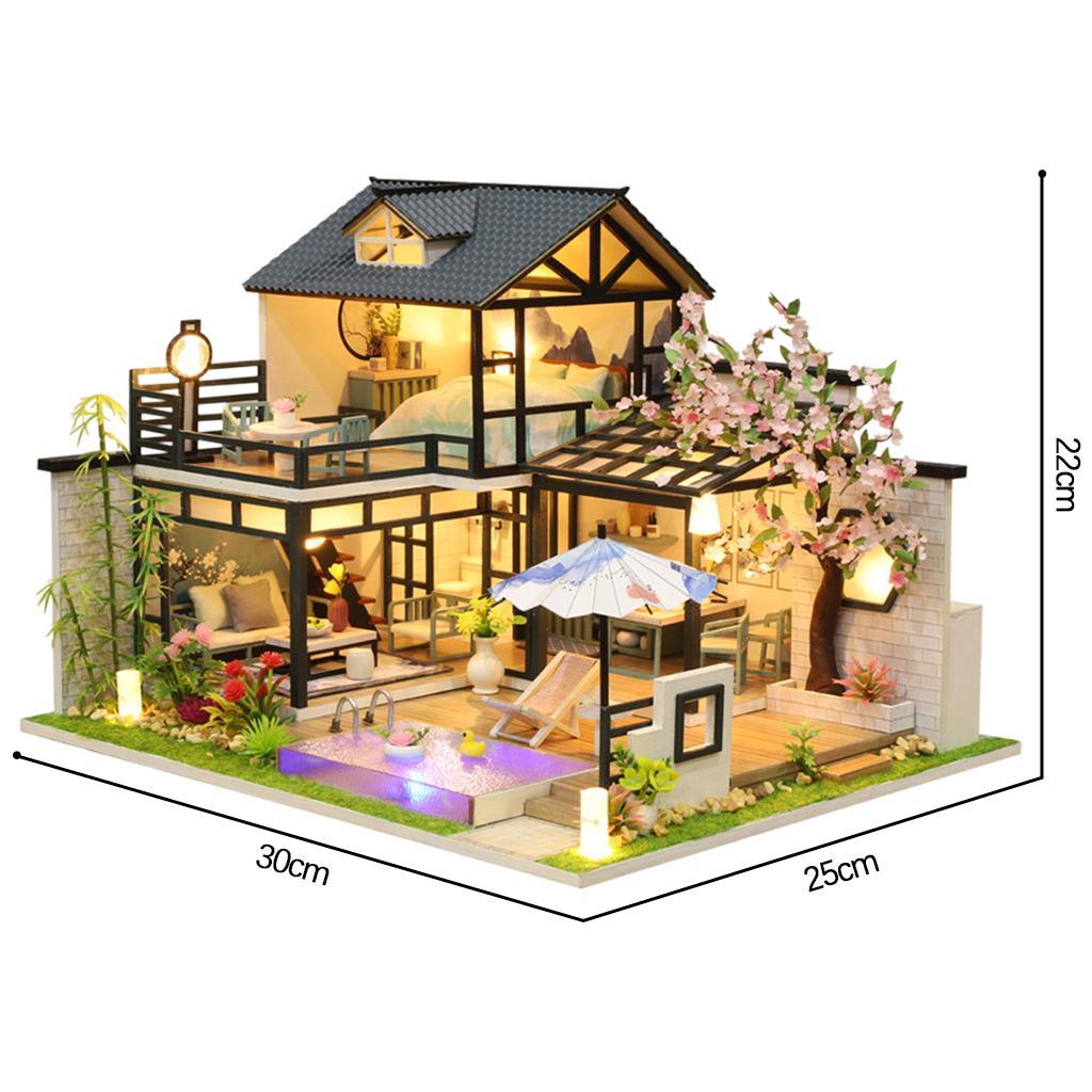 Wooden Dollhouse with Lights and Furniture Accessories, DIY Romantic Creative Villa House Room Set Gift for Ages 3+