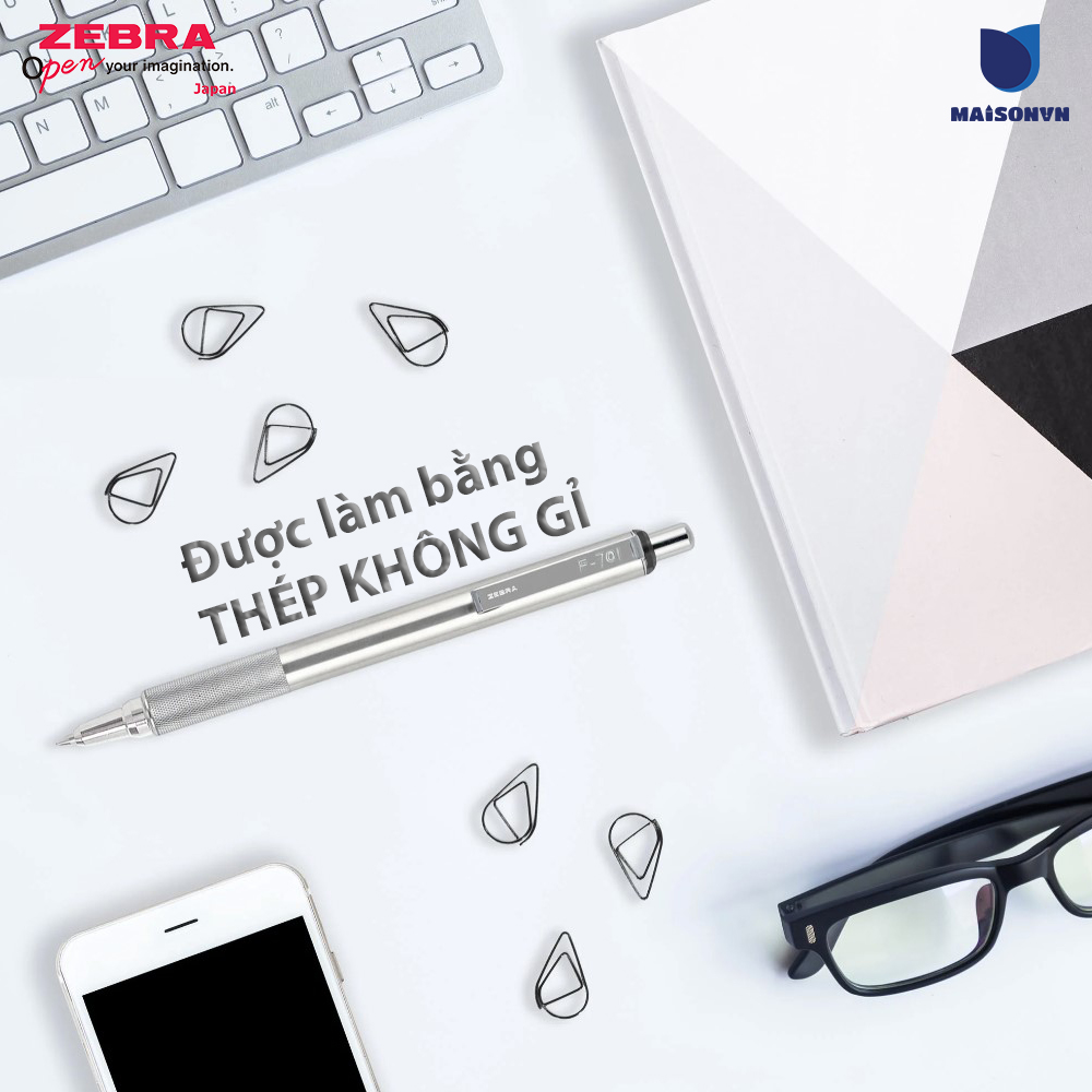 Bút bi bấm kim loại Zebra F701 mực xanh - Chất liệu thép không gỉ - [Chính hãng